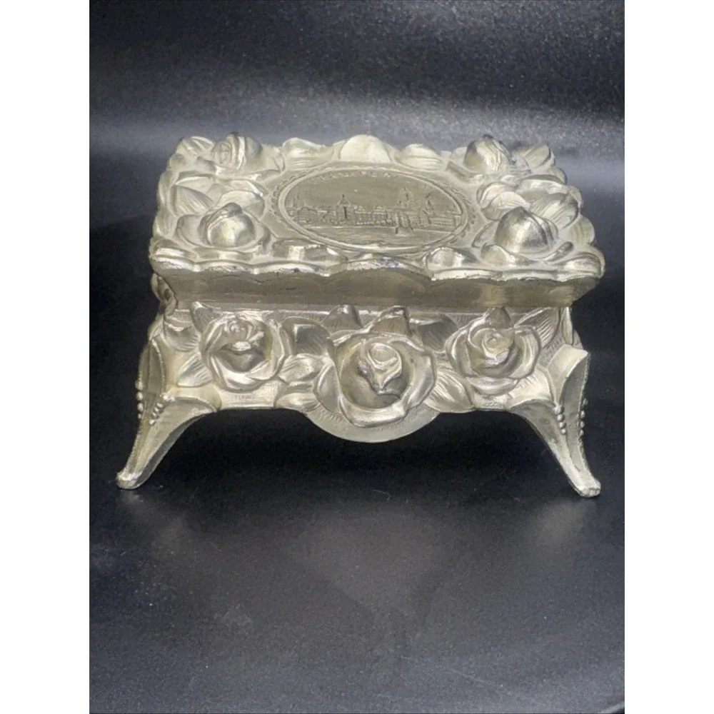 Ornate Antique‎ Metal Jewelry Casket Footed Box Trinket Roses Motif Hinged Lined